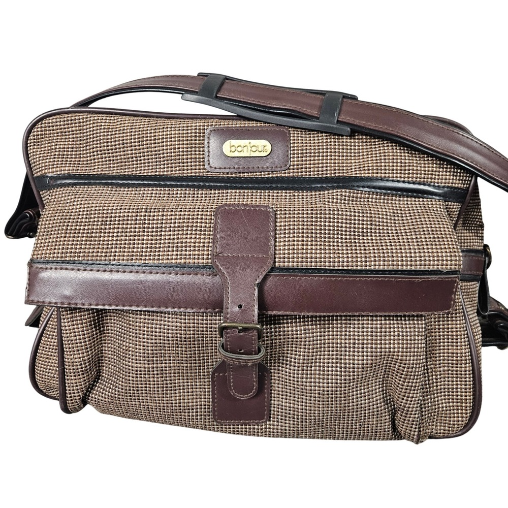 Bonjour Vintage Travel Bag Brown Tweed Shoulder Carry On Weekender Taiwan 80s 90